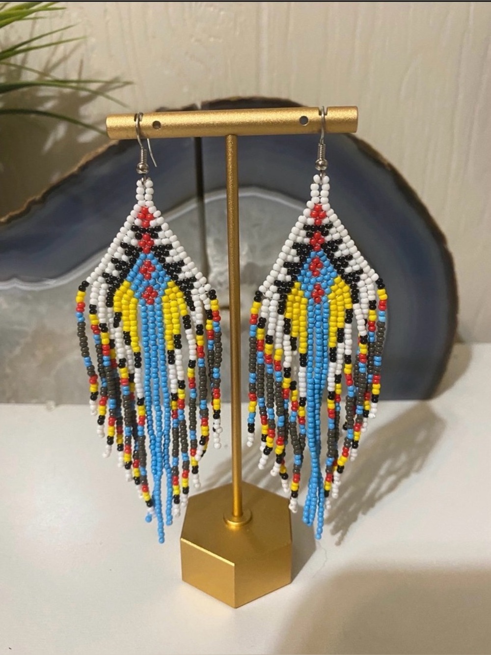 Handmade Multicolor Beaded Fringe Earrings - Blue & Yellow